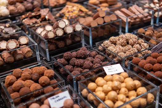 Assortiment de chocolats et pralines artisanales présentées dans des bacs transparents.