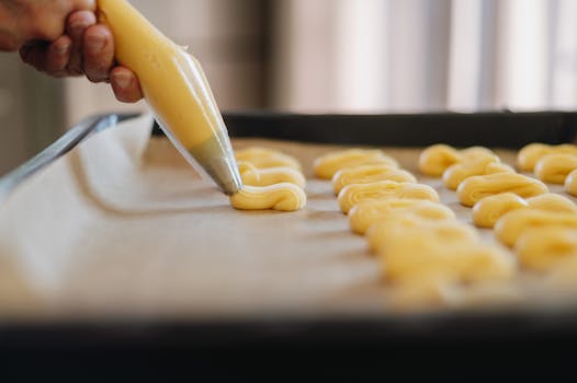 Pâtissier utilisant une poche à douille pour former des choux sur une plaque recouverte de papier sulfurisé.