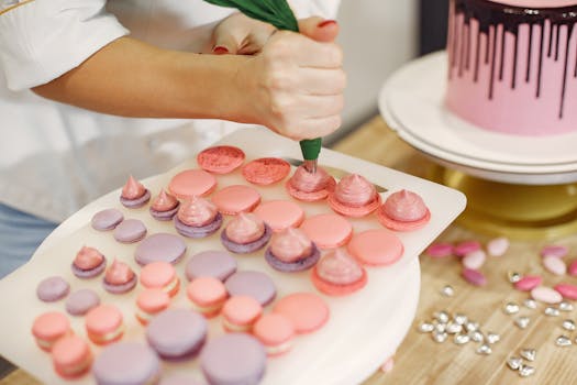 Pâtissier décorant des macarons roses et violets sur une plaque, avec un gâteau rose en arrière-plan.