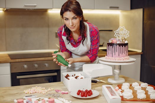 Pâtissière en train de décorer un gâteau avec une poche à douille, entourée de douceurs sur une table de cuisine.