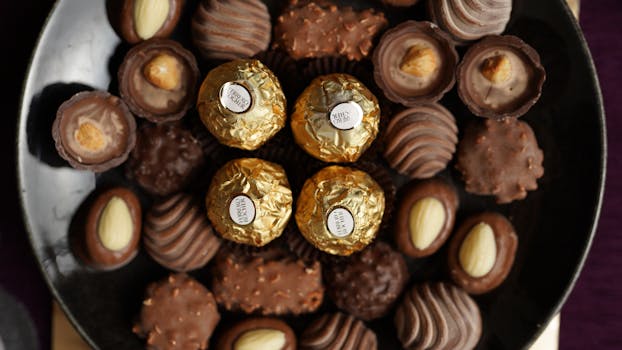 Assortiment de chocolats et pralinés maison sur un plat noir, incluant des Ferrero Rocher au centre.